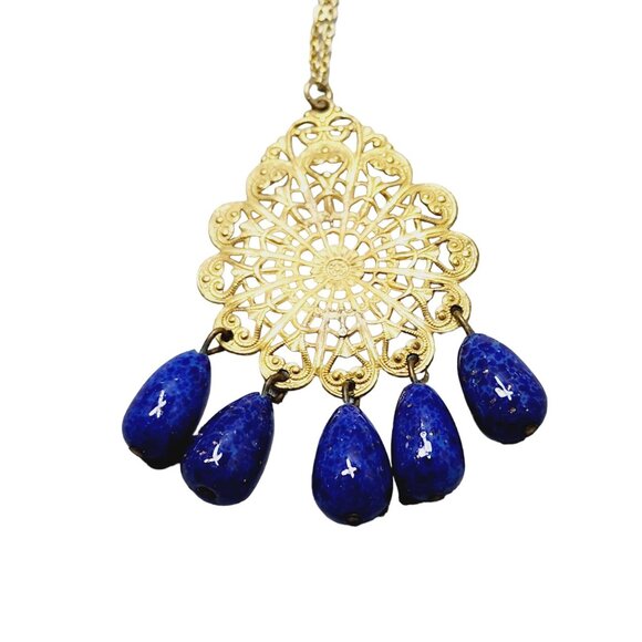 Older Filigree Pendant Necklace With Murano Glass Drop (A1675) - Picture 3 of 5